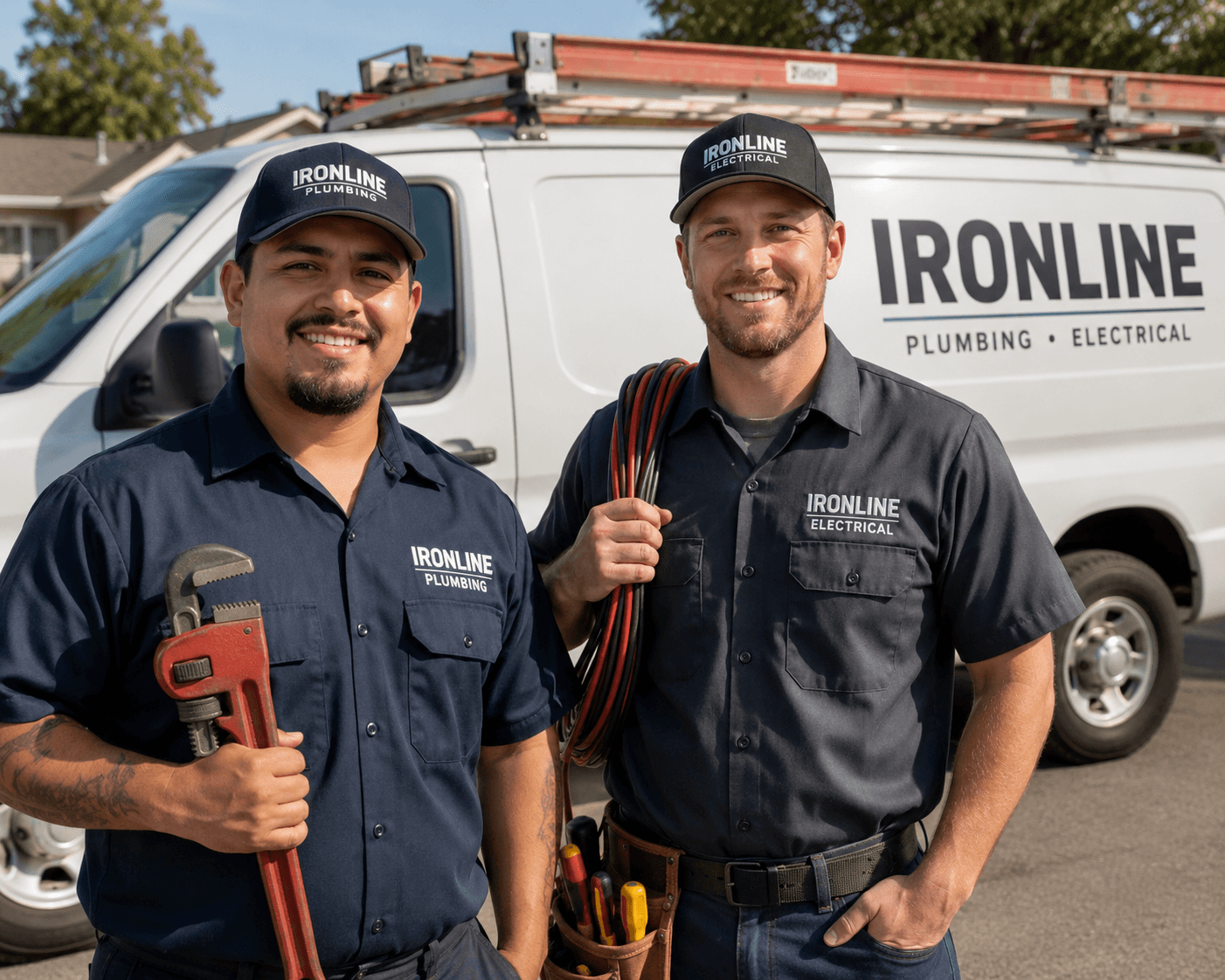 The Ironline plumbing and electrical crew standing in front of their service van