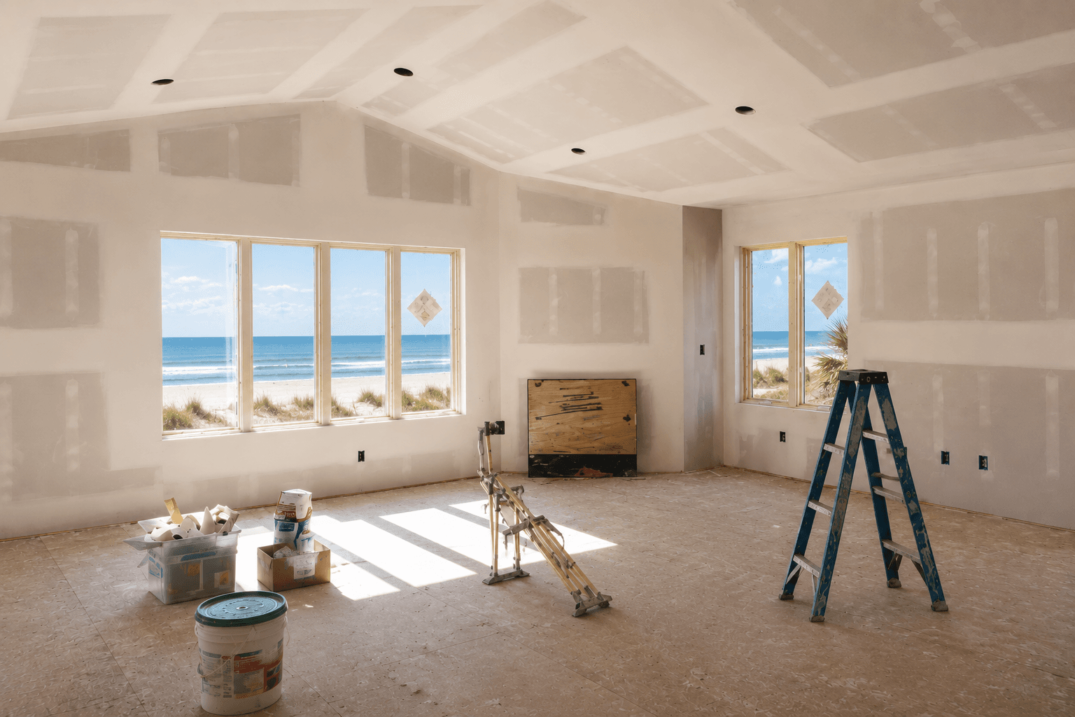 A home renovation in progress, framed with an ocean view through the windows
