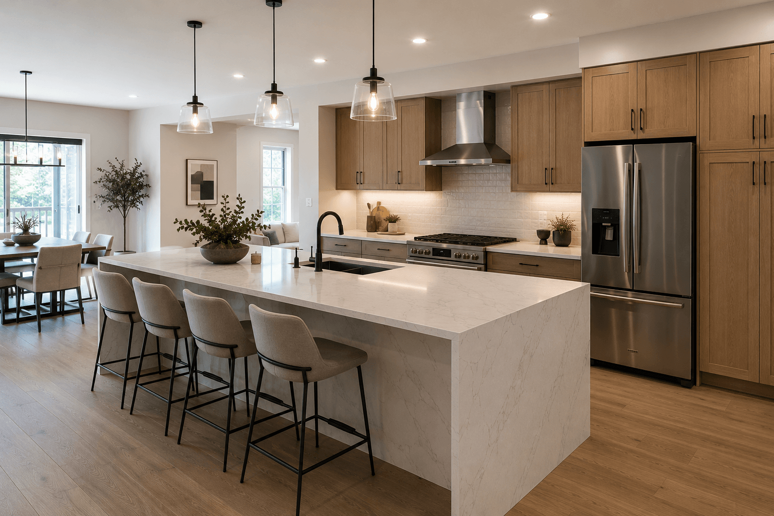 A finished kitchen with a large island