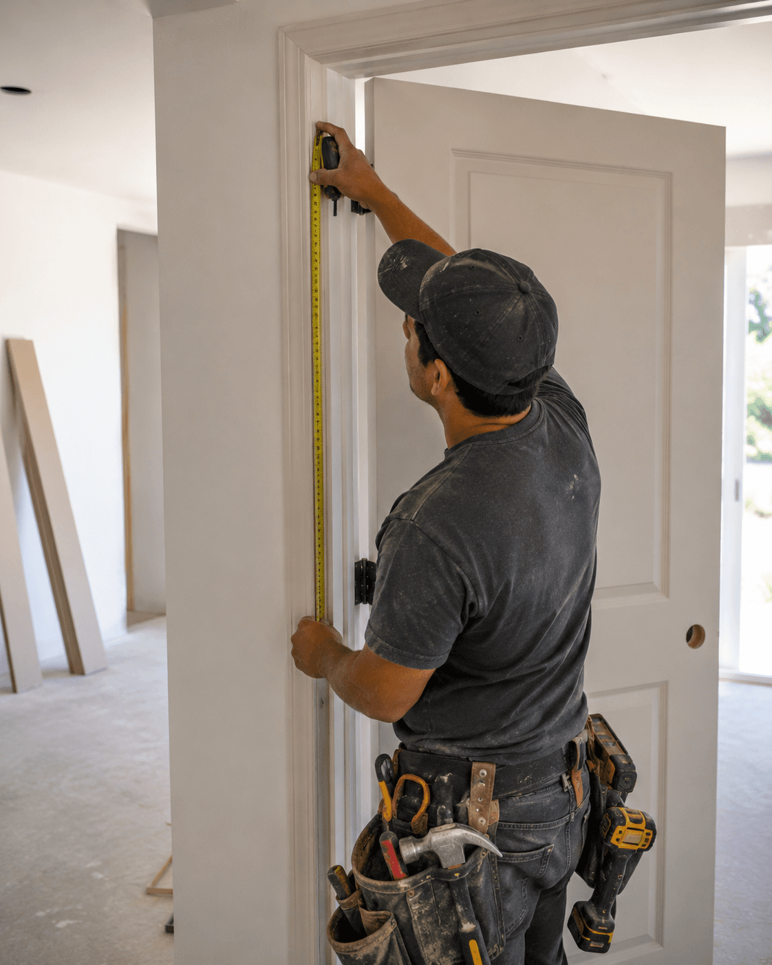 A builder measuring a doorframe during installation